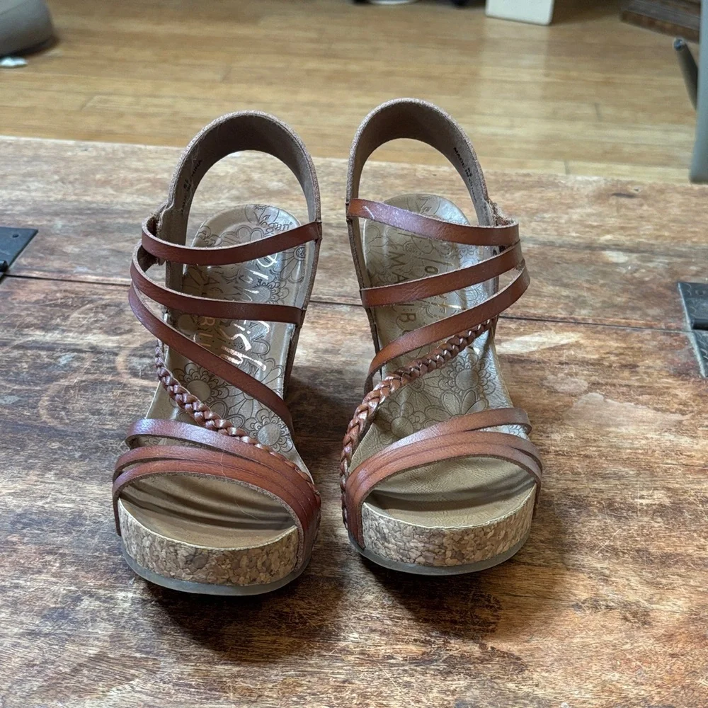 Brown Strappy Wedge Sandals with Cork Platform - Picture 1 of 6